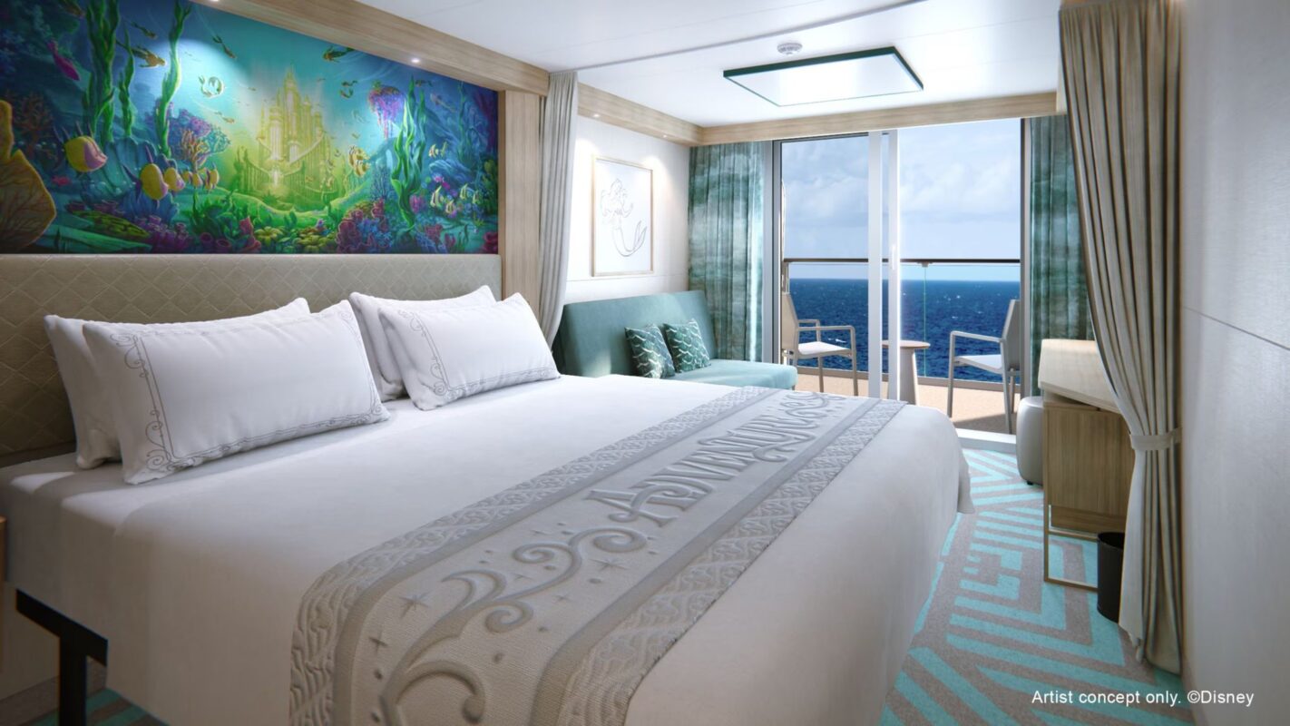 Artist concept of a Disney Adventure Cruise Ship stateroom with a large bed, a sofa, and a wall mural of an underwater scene. The room boasts a window with an ocean view and a door leading to a balcony.