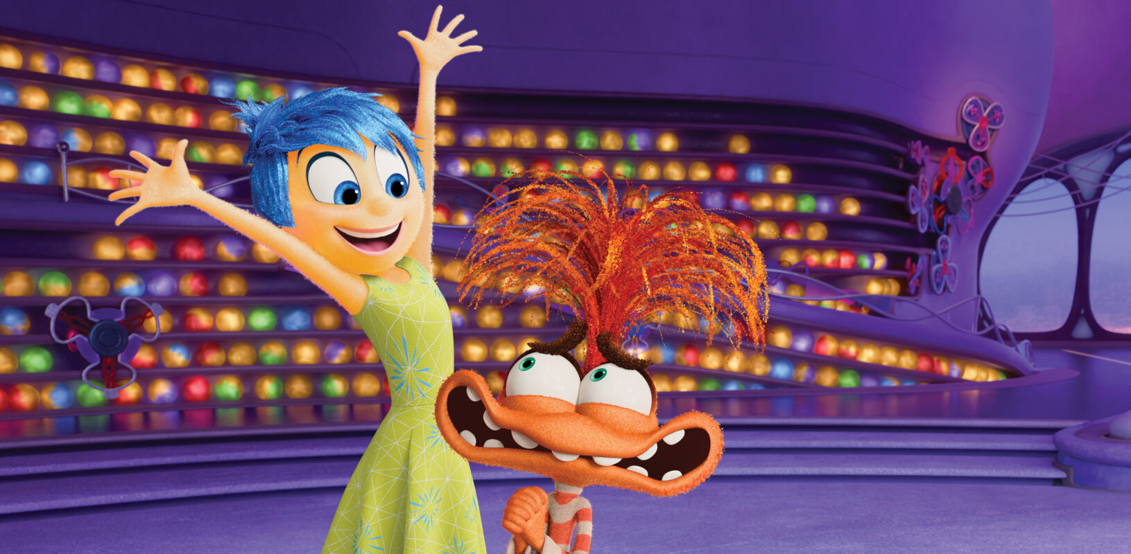 An animated scene showing a blue-haired character in a green dress, arms raised, next to a character with wild red hair and an excited expression. Colorful lights are visible in the background.