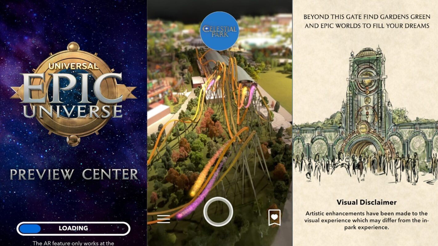Three panels: left panel shows "Epic Universe Preview Center" on a starry background with a "loading" bar; middle panel features a Park Model of a roller coaster from Universal Orlando's "Celestial Park"; right panel has a gate illustration with a disclaimer.