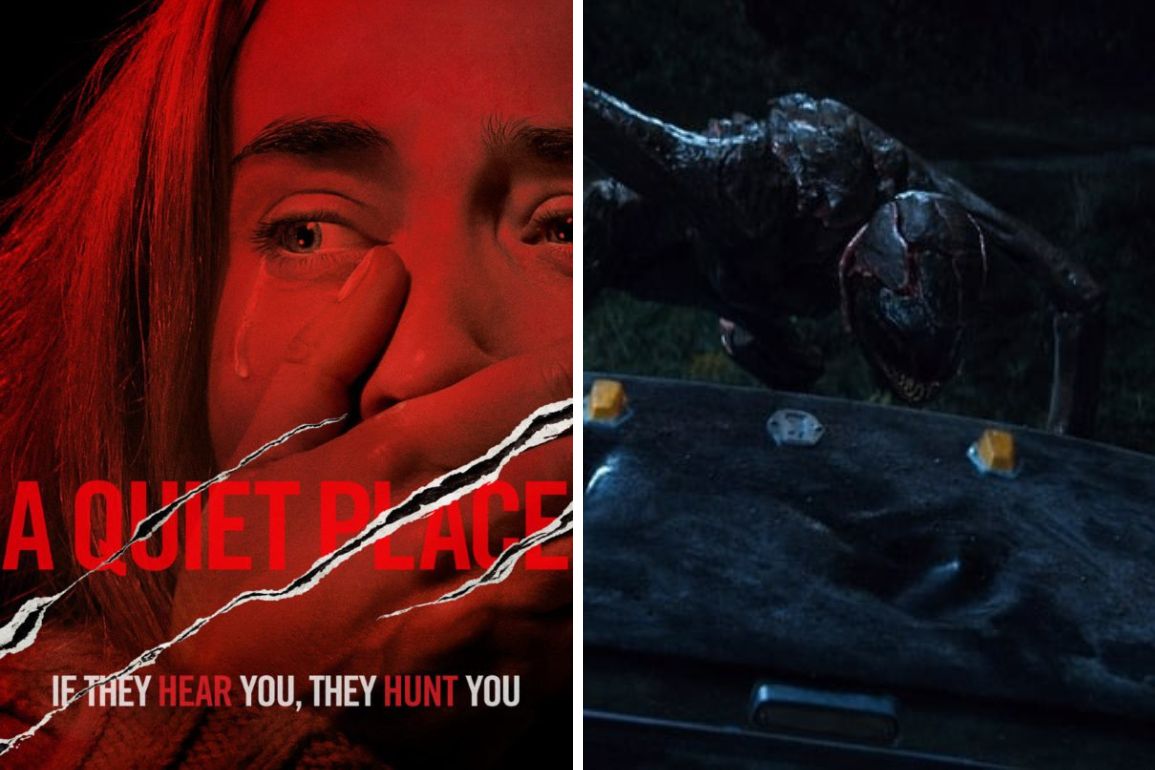 Poster of "A Quiet Place" showing a distressed person covering their mouth beside an image of a creature climbing over a car.