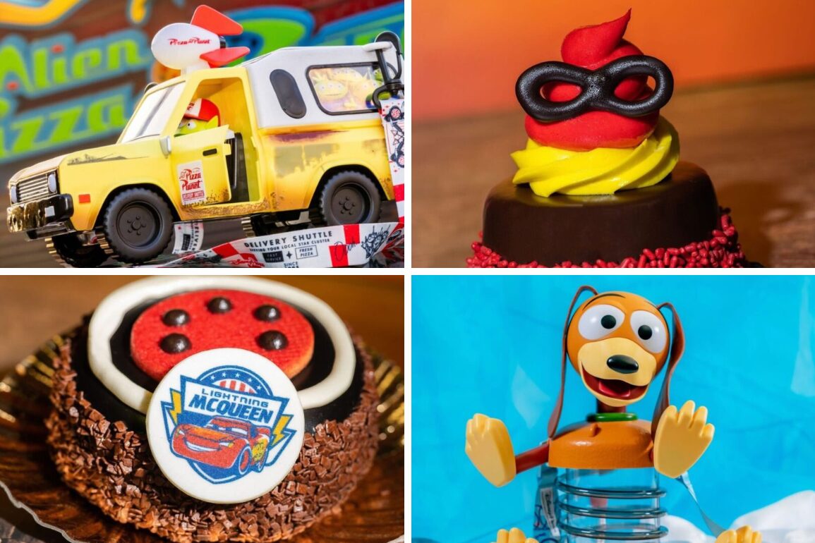 A collage featuring a toy delivery van, a chocolate dessert with a superhero mask decoration, a cookie with a car design, and Pixar-inspired food like a toy of a dog with a spring body.