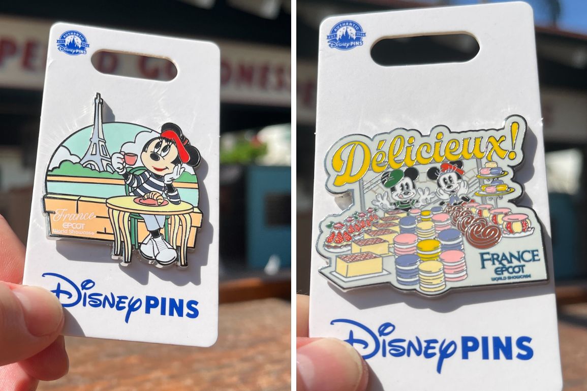 Two Disney pins depict French-themed designs. The left pin shows Minnie Mouse in front of the Eiffel Tower, while the right pin shows Mickey and Minnie Mouse with various French pastries and the word "Délicieux!".