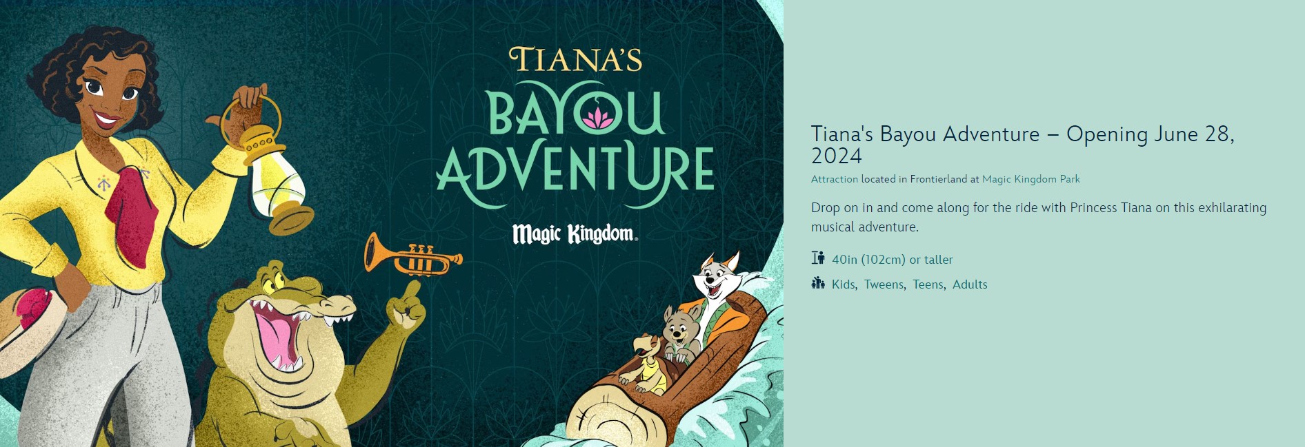 Image of a theme park ride poster featuring a woman holding a lantern, an alligator playing a trumpet, and a cat in a swamp setting, promoting the new attraction "Tiana's Bayou Adventure," opening June 28, 2024. For more info, visit our webpage.