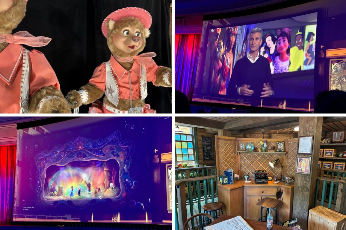 Collage of four images: puppets in cowboy attire, a man doing a daily recap on a screen with animated characters, an elaborate stage with colorful lights, and a cozy nook with various vintage items.