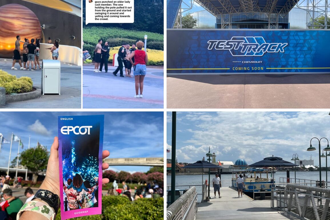 Collage of five EPCOT theme park images: a group of people, a Test Track sign, a person holding an EPCOT guide map, a waterfront scene, and two individuals using a touchscreen directory—perfect for your daily recap.