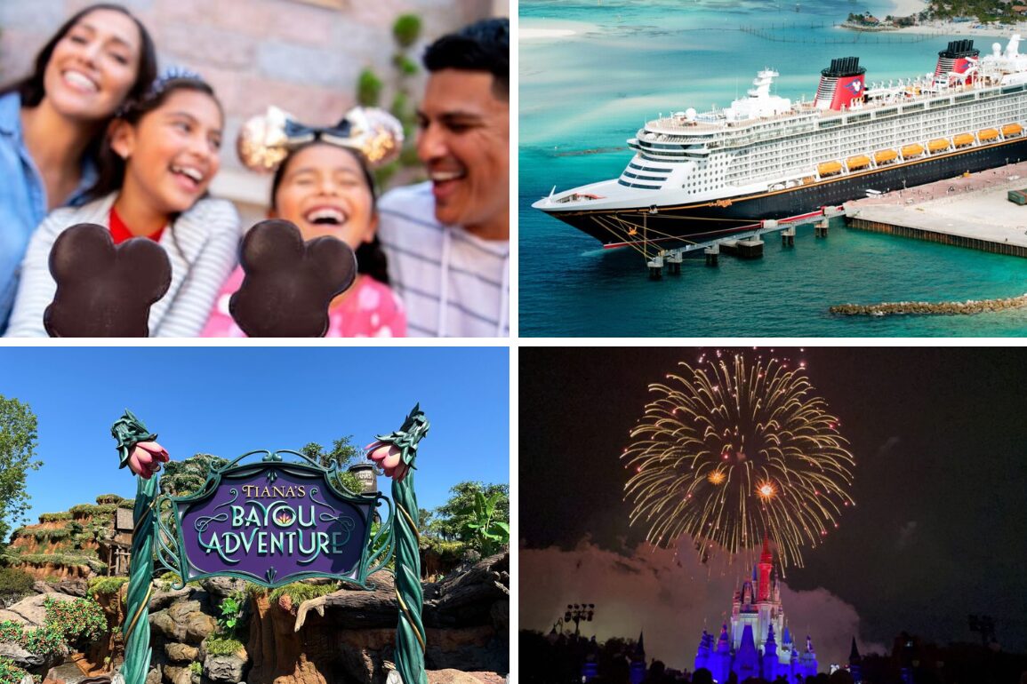A daily recap collage features a family enjoying ice cream, a cruise ship docked at port, a sign for Tiana's Bayou Adventure, and a fireworks display above a lit-up castle.