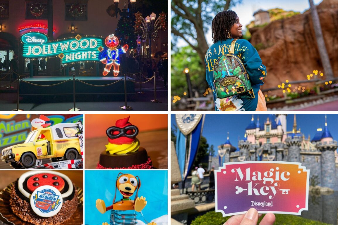 A vibrant collage captures a "Jollywood Nights" sign, a person with a colorful backpack, a food truck offering dessert, and a man proudly displaying his "Magic Key" pass, all set against the enchanting backdrop of a theme park castle. It's the perfect daily recap of magical moments!