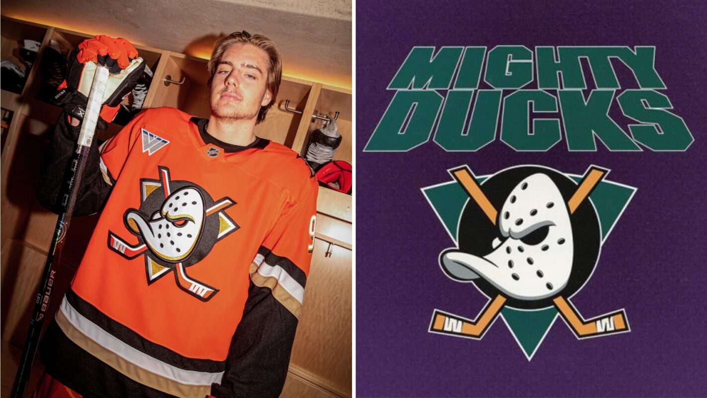 A hockey player wearing an orange Mighty Ducks jersey stands in a locker room. The image is split with the Mighty Ducks logo and text on a purple background on the right side.