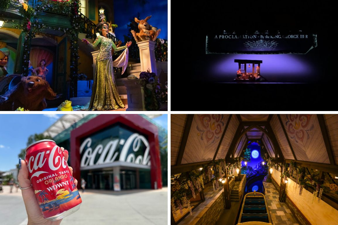 A four-panel collage providing a daily recap: 1) A performer in medieval attire. 2) A proclamation from King George III on a screen. 3) A Coca-Cola can outside a Coca-Cola store. 4) A themed indoor ride with a tunnel and tracks.