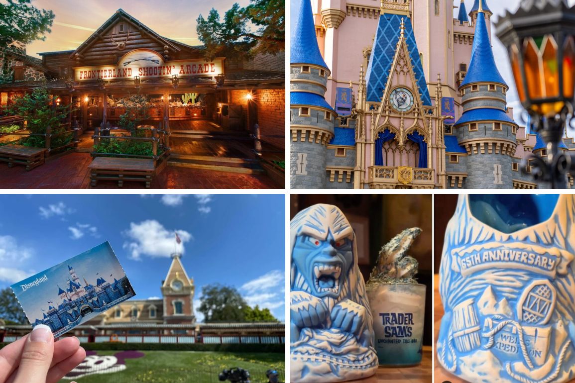 A daily recap of Disneyland scenes, including an arcade, castle, ticket, entrance, themed mugs, and a 65th anniversary decoration.
