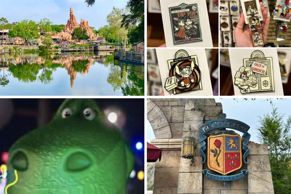 Collage of theme park attractions: top-left water-side view of a mountain; top-right and center pins on display; bottom-left close-up of a green dinosaur; bottom-right castle entrance to "Be Our Guest" restaurant.