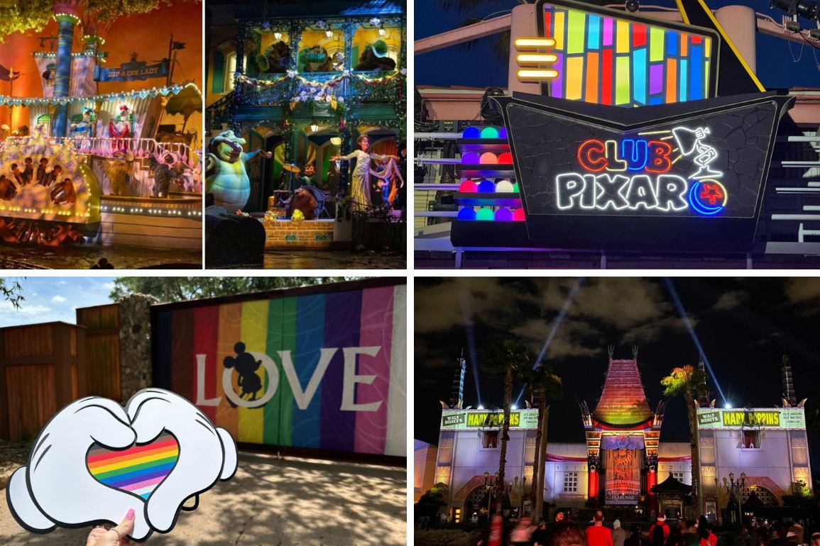 A vibrant collage featuring colorful parade floats, a Club Pixar sign, a rainbow "LOVE" display, and a brightly lit theater at night captures the essence of the daily recap.