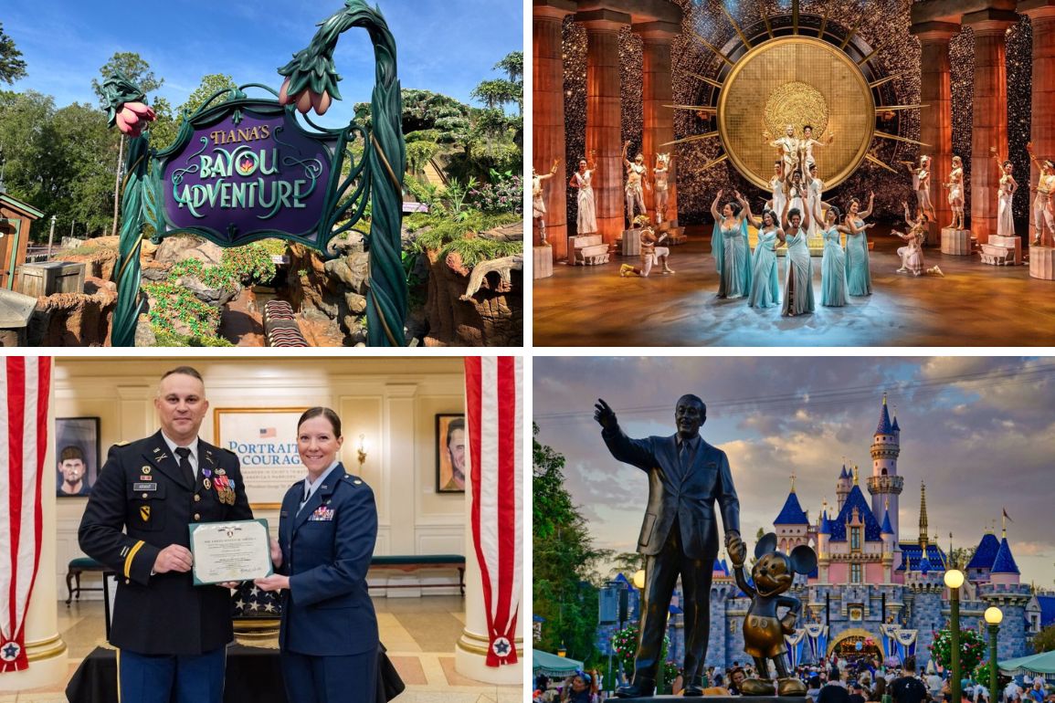 A collage: a sign for "Tiana's Bayou Adventure," a theatrical performance, a military award ceremony with two people, an image of Disneyland with the castle and statues of Walt Disney and Mickey Mouse—a perfect daily recap of memorable moments.