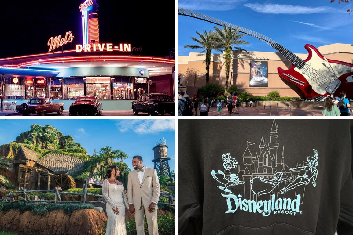 A collage of four images featuring a classic drive-in restaurant, a giant guitar outside a theme park, a couple in wedding attire, and a Disneyland Resort sweatshirt.