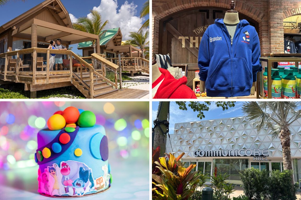 A daily recap collage features four images: people relaxing on a porch, a blue hoodie displayed on a mannequin, a vibrant blue cake adorned with decorations, and the exterior of CommuniCore Hall surrounded by lush tropical plants.