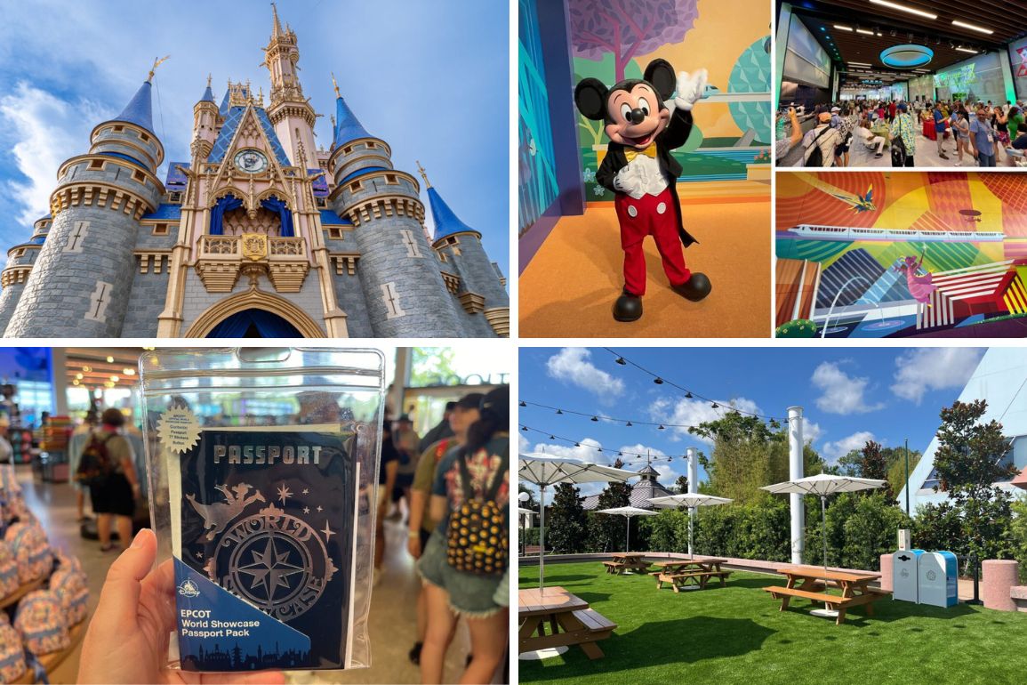 Collage of images from a theme park, featuring a castle, character mascot, multiple attractions, a crowd holding a passport, and an outdoor seating area with tables and umbrellas—perfect for your daily recap.