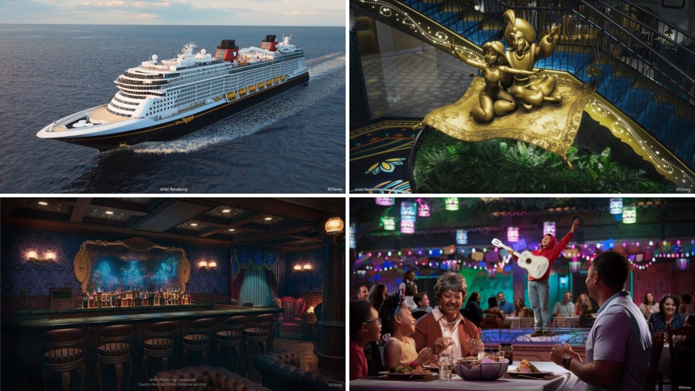 Collage of four images: a Disney Cruise Line ship at sea, a statue with two characters, an ornate bar interior, and a family dining at a vibrant restaurant while a musician performs.