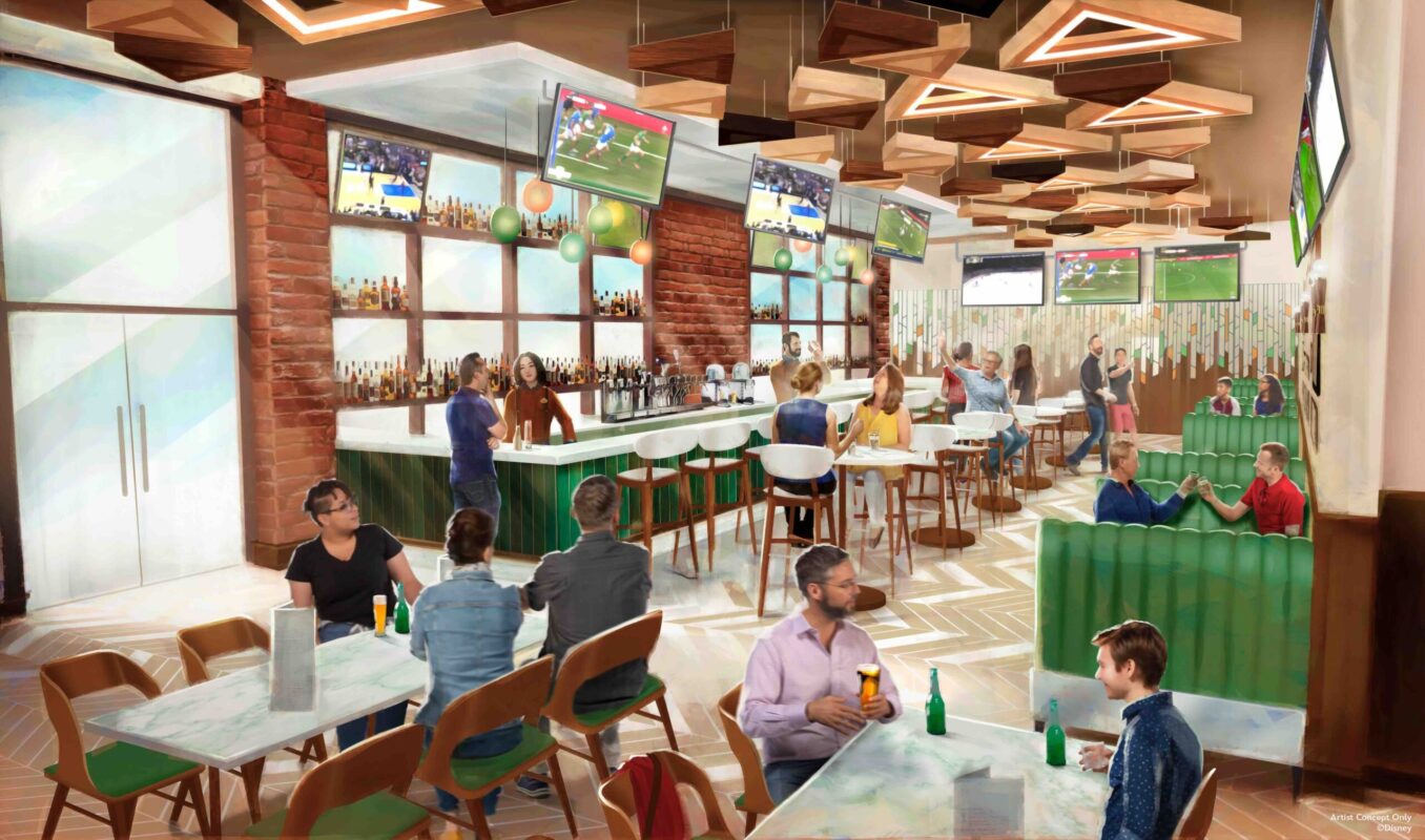 A lively sports bar with patrons sitting at tables and the bar, watching sports on multiple TV screens mounted on the walls. The interior features modern decor with wooden accents and greenery.