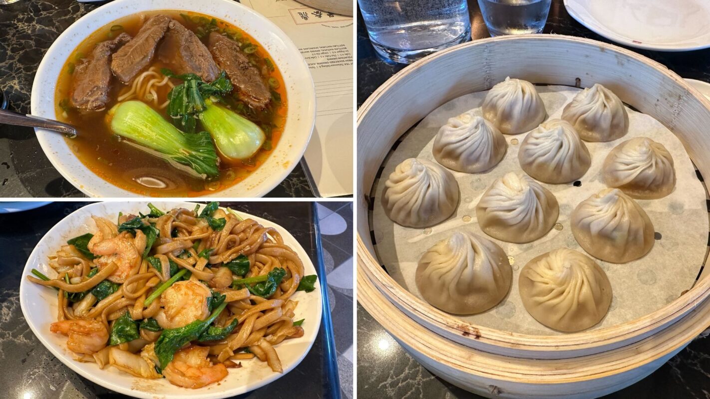Three delectable dishes from Din Tai Fung are shown: a savory bowl of soup with meat and bok choy, a flavorful plate of shrimp and vegetable noodles, and a steamer basket brimming with delicate dumplings.