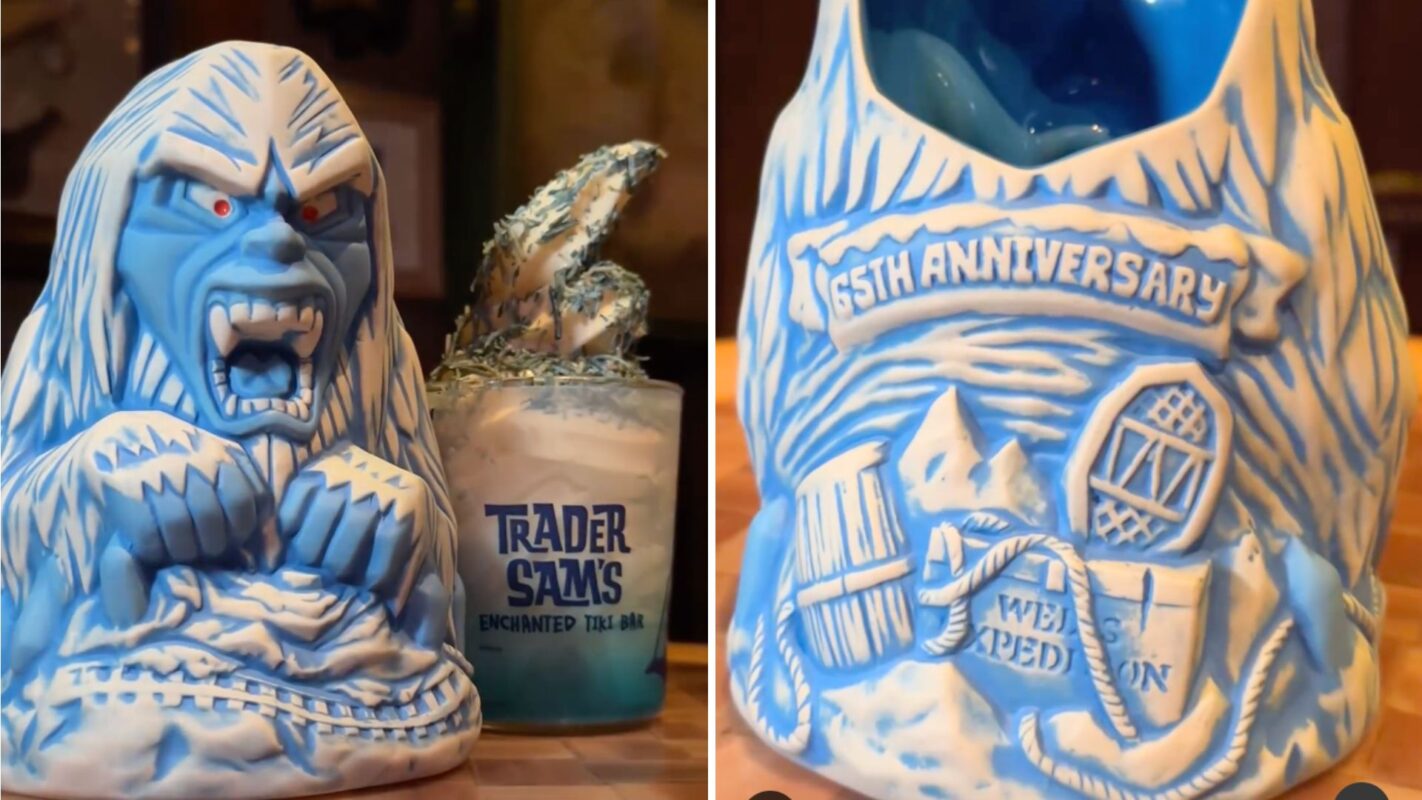 A blue and white ceramic mug in the shape of a growling snowman with "TRADER SAM'S ENCHANTED TIKI BAR" text. Another mug has "5TH ANNIVERSARY" and "EXPEDITION" text with mountain and rope designs.