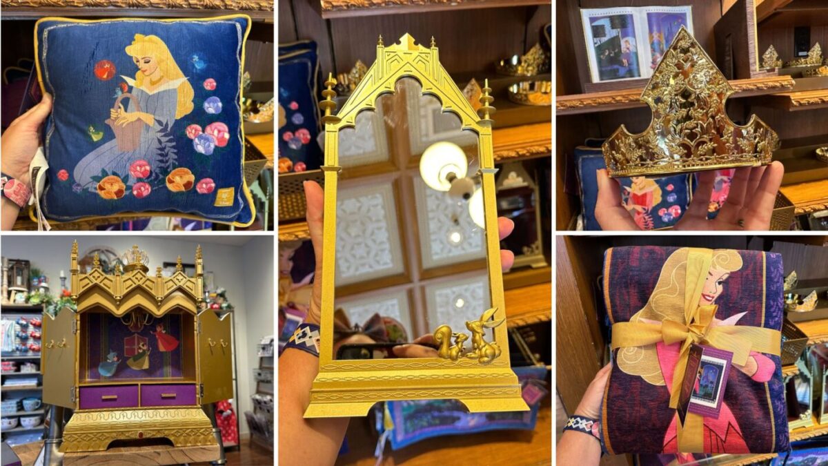 Collage of five images featuring Disney's Sleeping Beauty merchandise: a pillow, a mirror, a crown, a jewelry box, and a book adorned with Sleeping Beauty's character.