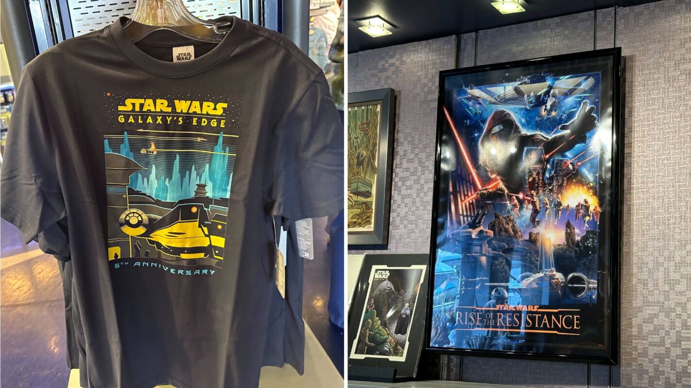 Split image featuring a Star Wars: Galaxy's Edge 5th Anniversary t-shirt on the left and a framed Star Wars: The Rise of Resistance poster on the right in a store display.