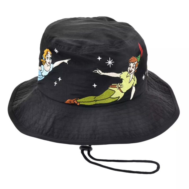 A black bucket hat with embroidered designs of two animated characters flying and pointing, surrounded by small stars.