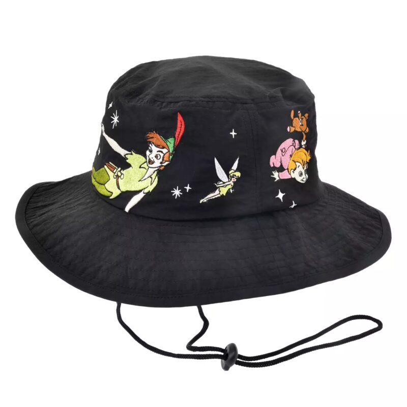 Black bucket hat featuring embroidered characters from Peter Pan, including Peter Pan, Tinker Bell, Wendy, and the Lost Boys, adorned with small stars.