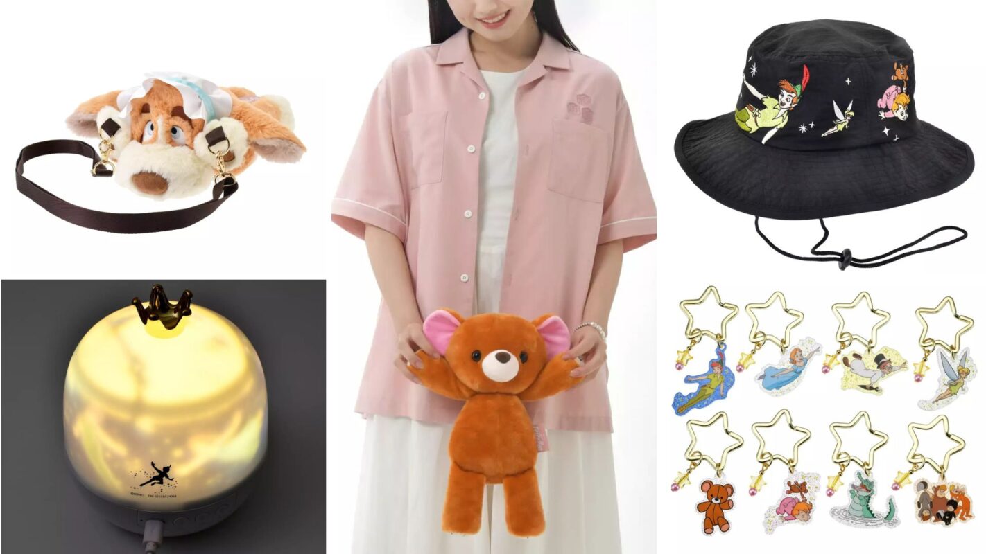 A collection of Disney-themed merchandise including a plush bag, a bucket hat, a night light, a keychain set, and a woman wearing a pink shirt holding a teddy bear-shaped bag.