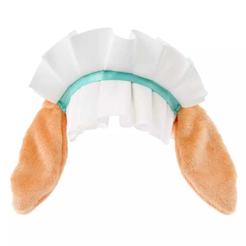 A costume headband featuring a white ruffled bonnet with a light blue band and attached plush beige bunny ears.