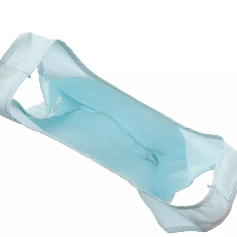 Light blue, rectangular fabric bag with an open top, viewed from above.