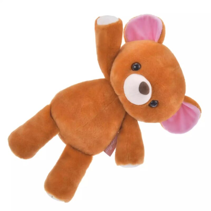 A plush teddy bear with brown fur, pink ears, and a white snout is shown, leaning slightly to one side with one arm raised.