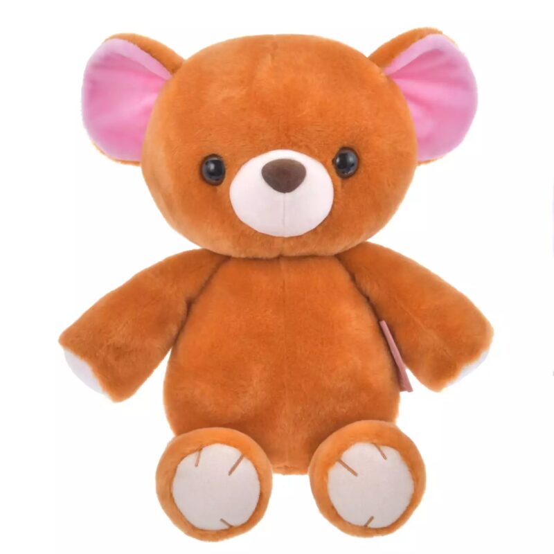 A plush teddy bear with brown fur, pink inner ears, black eyes, and white paws is shown against a plain white background.