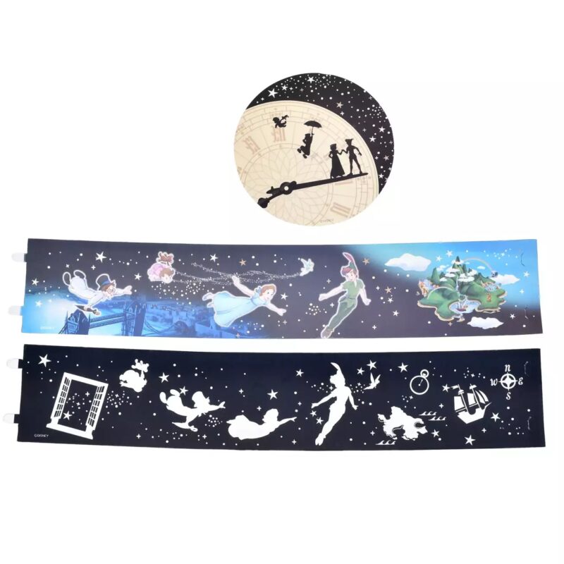 An image shows two strips and a circular segment of a decorative film featuring Peter Pan characters flying over cityscapes, constellations, and a clock against a starry night background.