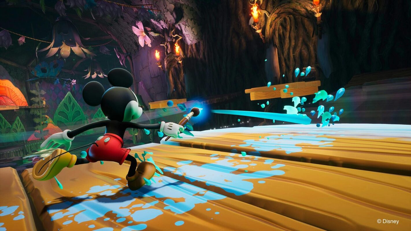 Mickey Mouse wields a glowing blue paintbrush, splashing paint across a wooden floor in a colorful, fantastical environment.