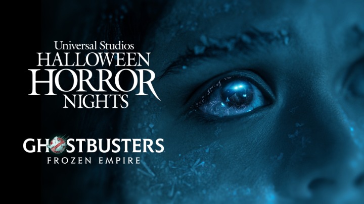 Close-up of an icy, blue-tinted face with one eye open. Text reads: "Universal Studios Halloween Horror Nights. Ghostbusters Frozen Empire.