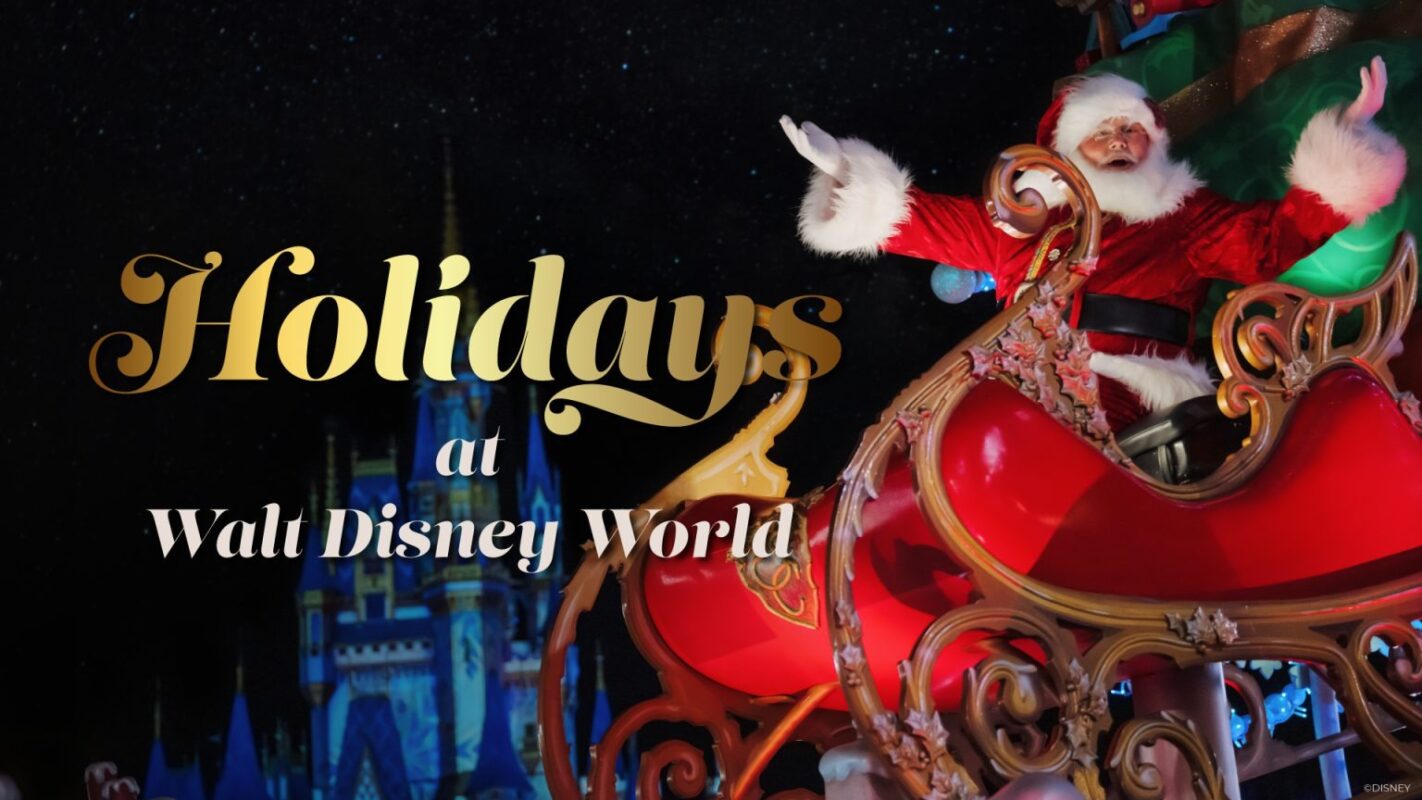 Santa Claus in a sleigh waves during Mickey's Very Merry Christmas Party at Walt Disney World, with a festive backdrop and "Holidays at Walt Disney World" text in the image. Details Announced for 2024 dates coming soon!