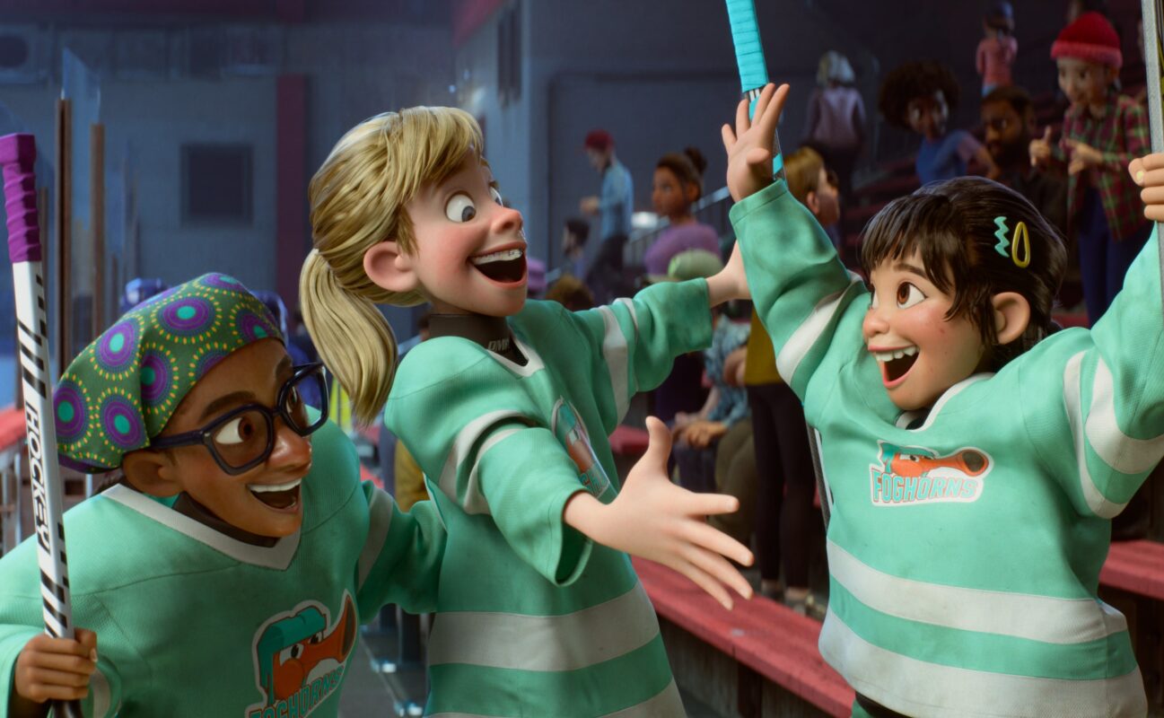 Three animated children in green and white jerseys cheer with hockey sticks in hand, surrounded by a lively crowd in an indoor setting.