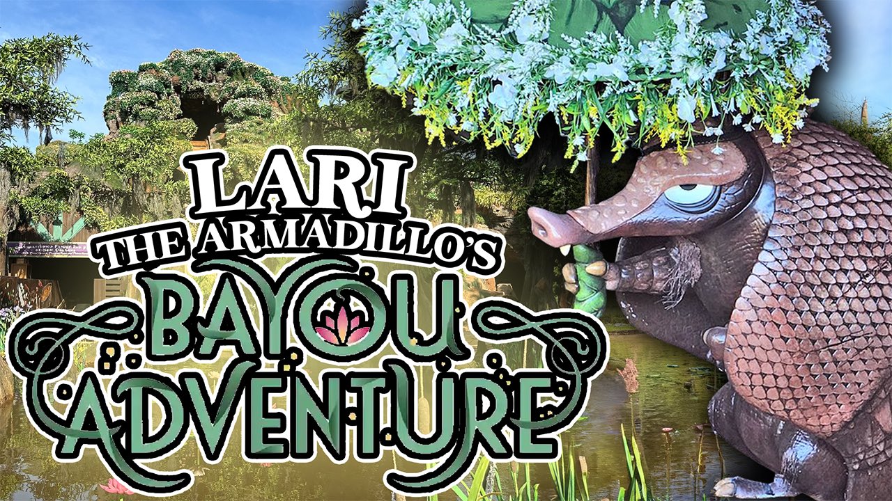Lari the Armadillo's Bayou Adventure sign stands proudly next to a large armadillo statue holding an umbrella, with trees and a pond in the background. One can almost imagine Tiana's Bayou Adventure right around the corner.