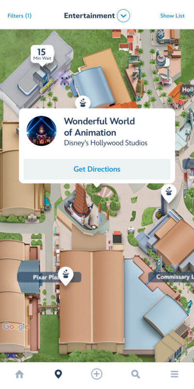 Map of Disney's Hollywood Studios highlighting the Wonderful World of Animation attraction with a 15-minute wait. Blue button offers directions. Nearby landmarks include Pixar Place and Commissary Lane.