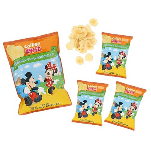 Image of Calbee potato chips with Mickey and Minnie Mouse on the packaging, labeled "Tokyo Disney Resort." One large and three small bags of these delightful potato chips are shown with chips displayed above them.
