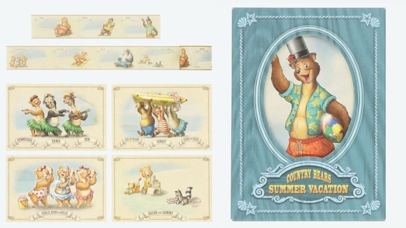Illustration of country bears in summer vacation activities, featuring five smaller scenes on the left and a larger framed bear in vacation attire on the right with the text "Country Bears Summer Vacation.