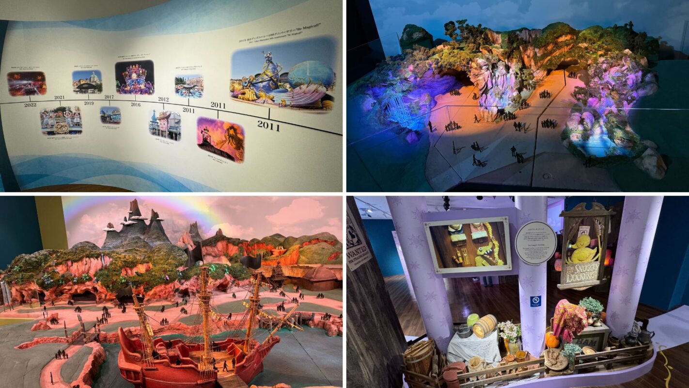 A collage of four images showing detailed miniature models of theme park attractions and displays, accompanied by a timeline of significant dates and events related to the park.