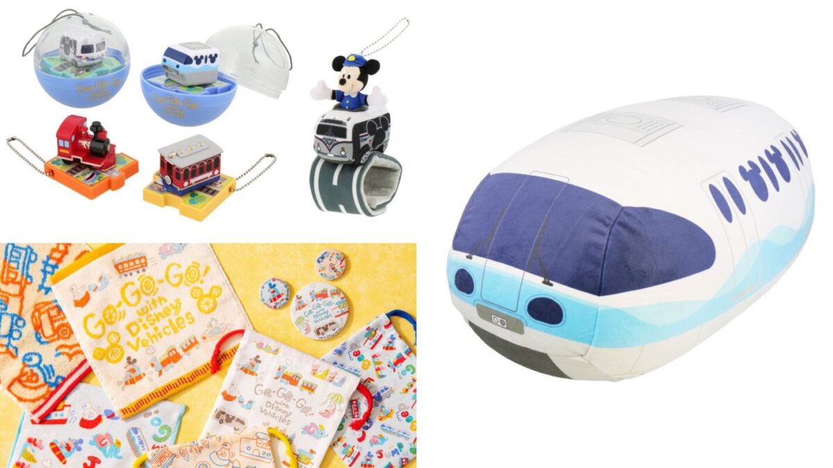 A collection of Disney-themed merchandise, including character plush toys, collectible figurines, a bus-themed plush, and various colorful printed items.