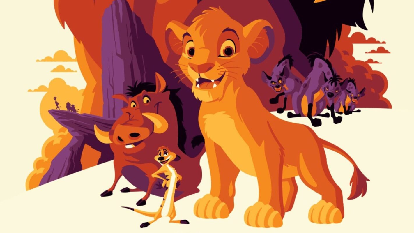 Animated image featuring a young lion standing in front of a warthog and meerkat, with three hyenas in the background and two adult lions on a rock ledge in the distance.