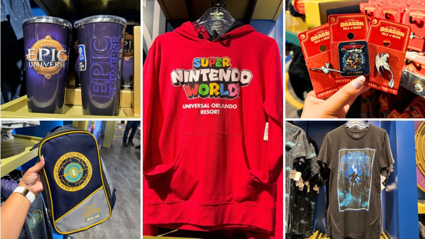 A collage showing Epic Universe mugs, Super Nintendo World hoodie, Hogwarts-themed postcards, a backpack, and a How to Train Your Dragon t-shirt displayed in a Universal Orlando Resort store highlights the array of merchandise available at the Epic Universe Preview Center.