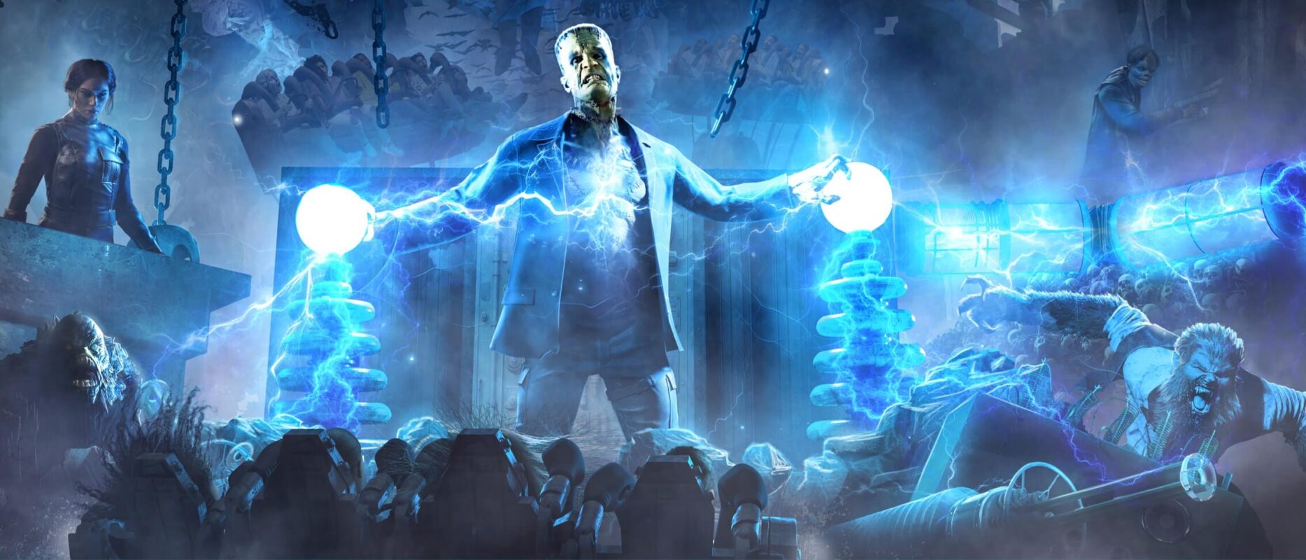 A person stands in a lab holding two glowing orbs surrounded by electrical effects, machinery, and distressed individuals in an intense, sci-fi environment.