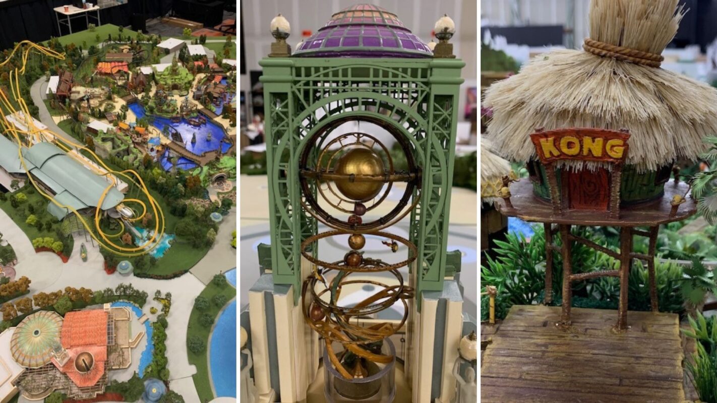 Three images side by side: a theme park model with a roller coaster, a detailed green architectural structure with a golden mechanism inside, and a small thatched-roof hut labeled "KONG.
