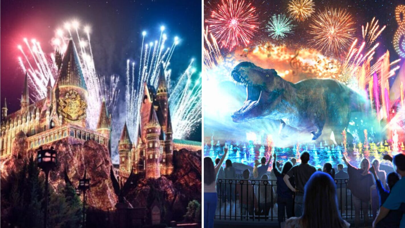 Two images side by side: Left, a castle illuminated by colorful fireworks; Right, a large dinosaur hologram with fireworks in the sky, viewed by an audience from behind a fence.