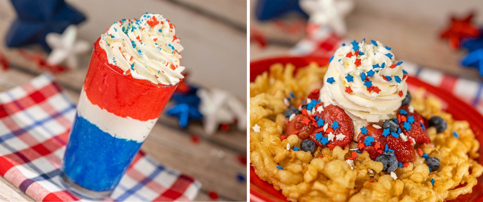 Red, white, and blue layered drink with whipped cream, and funnel cake topped with whipped cream and star-shaped sprinkles. Presented on a red and white checkered cloth, these limited-time 4th of July treats are perfect for celebrating at Walt Disney World.